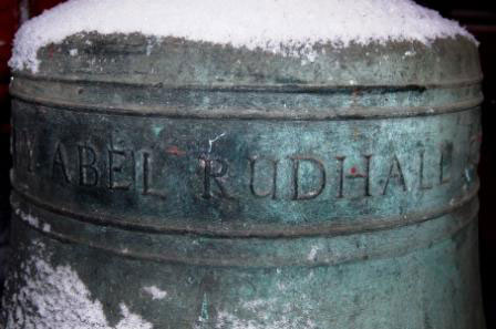 Markings showing the name of Abel Rudhall, on a church bell.