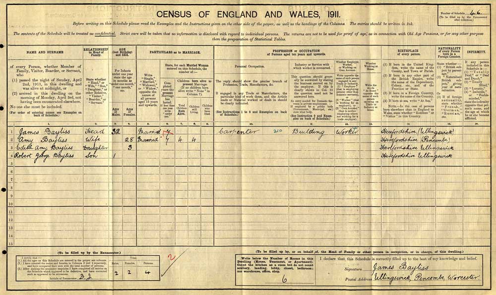 1911 Census - James Bayliss