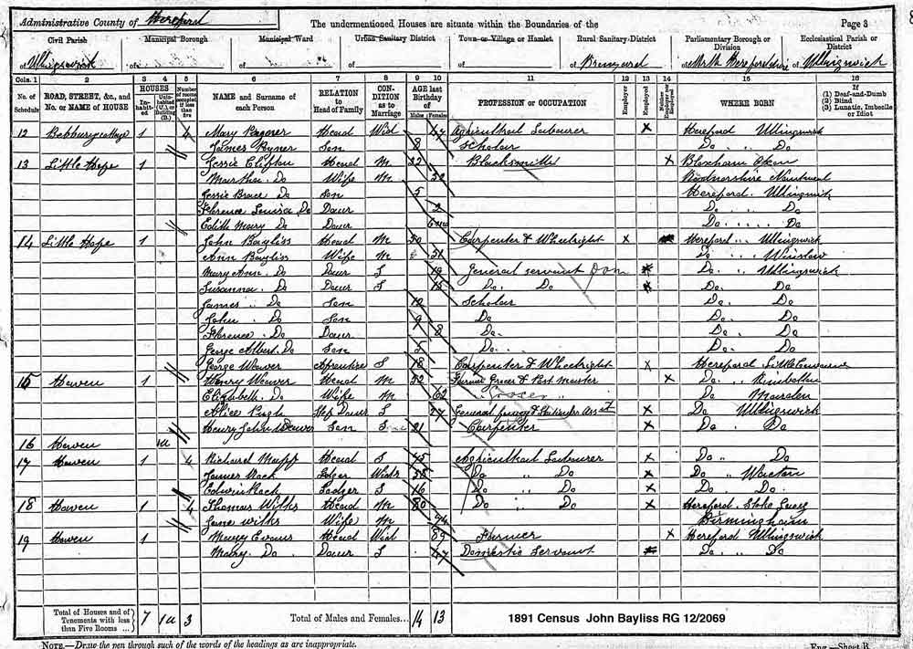 1891 Census - John Bayliss  R.G. 12/2069