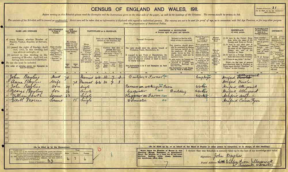1911 Census - John Bayliss