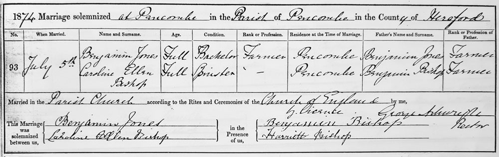 Benjamin and Caroline Ellen (Bishop) Jones marriage certificate.