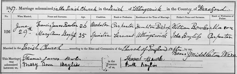 Francis James and Mary Ann (Bayliss) Bowler marriage certificate.