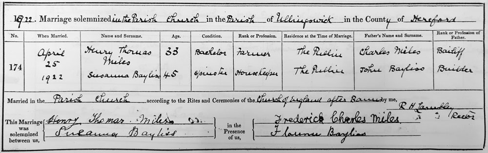 Henry Thomas and Susanna (Bayliss) Miles marriage certificate.