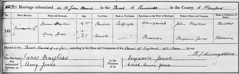 James and Amy (Jones) Bayliss marriage certificate.