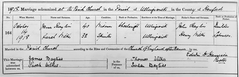 James and Sarah (Wilkes) Bayliss marriage certificate.