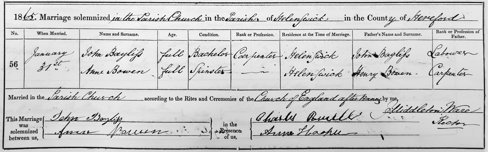 John and Anne(Bowen) Bayliss marriage certificate.