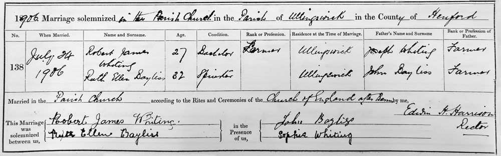 Robert James and Ruth Ellen (Bayliss) Whiting marriage certificate.