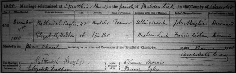 Nataniel and Elizabeth (Badham) Bayliss marriage certificate.