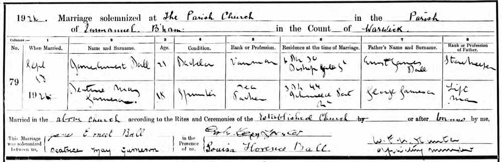 James and Beatrice May (Gameson) Ball marriage certificate.