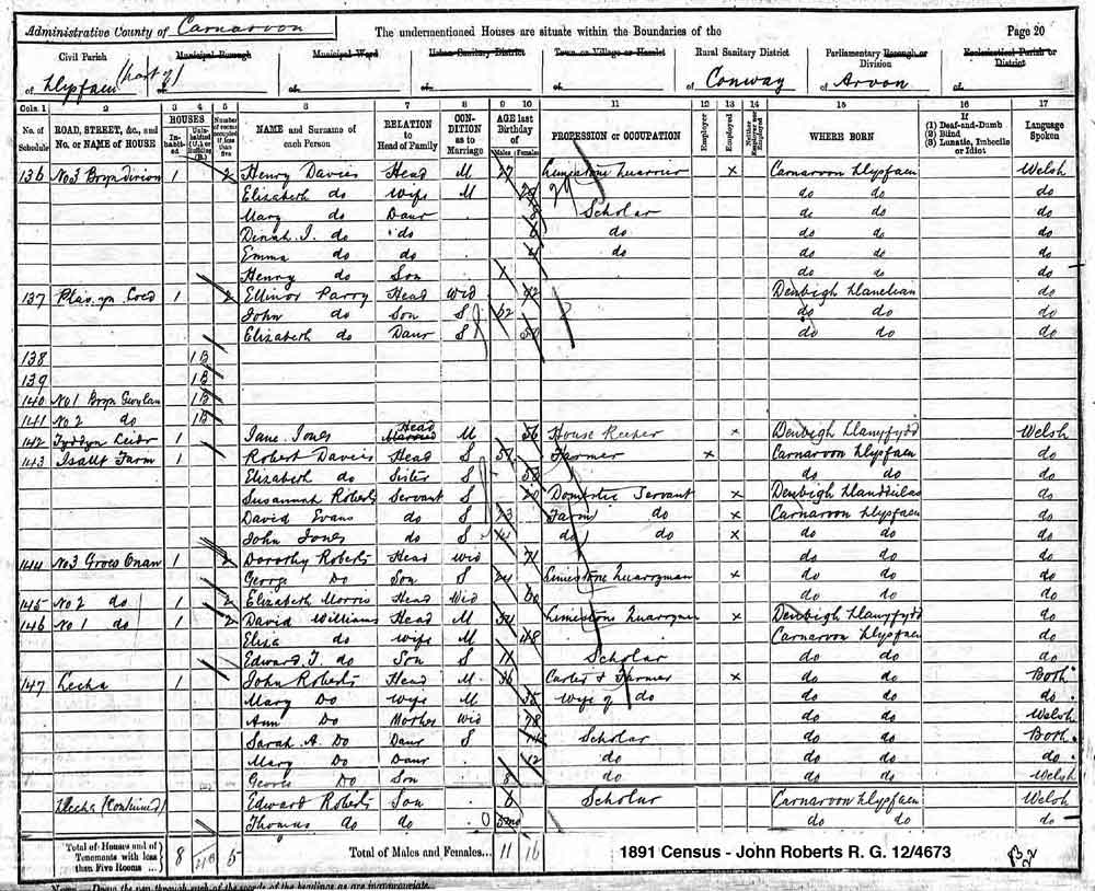 1891 Census - John Roberts  12/4673