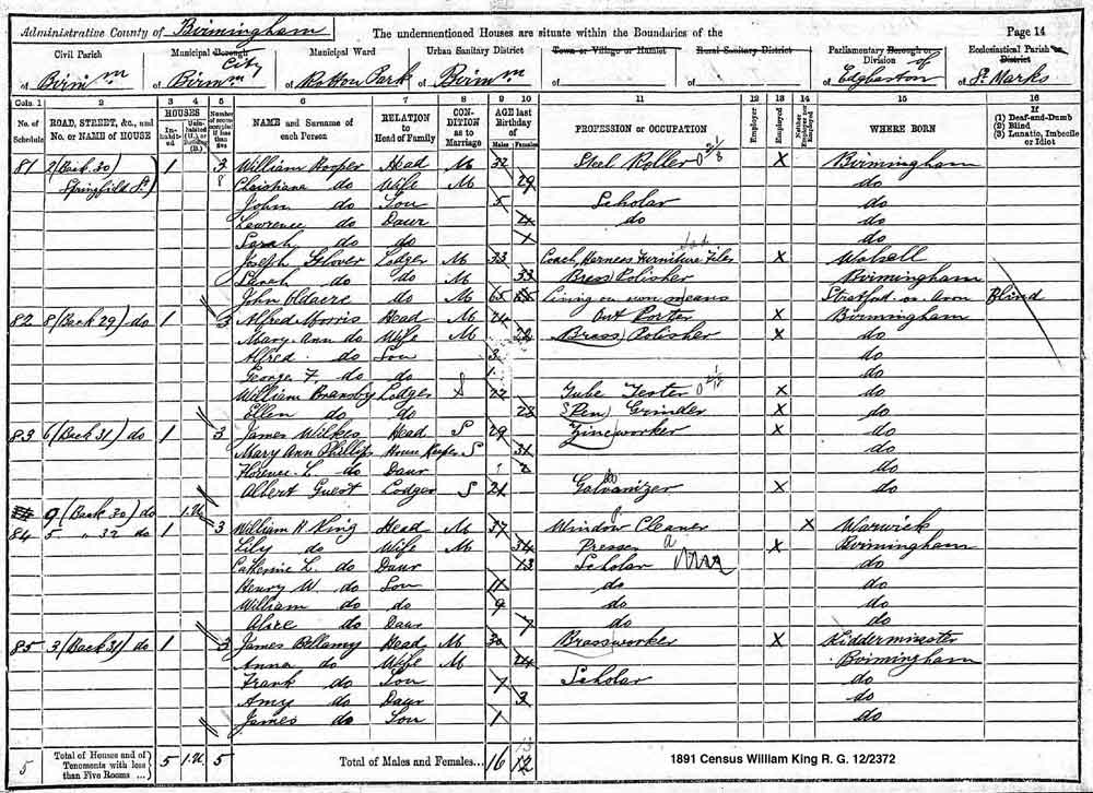 1891 Census R.G. 12/2372 William and Lily King