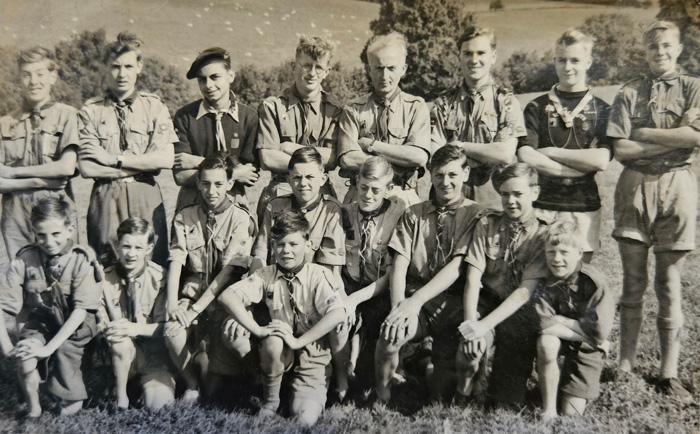 Crowneast Scouts Camp, at Sidmouth Devon, August, 1953; with Scoutmaster Cyril Smith, standing centre.