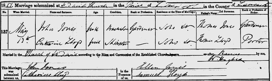 John Jones and Catherine Lloyd, marriage certificate
