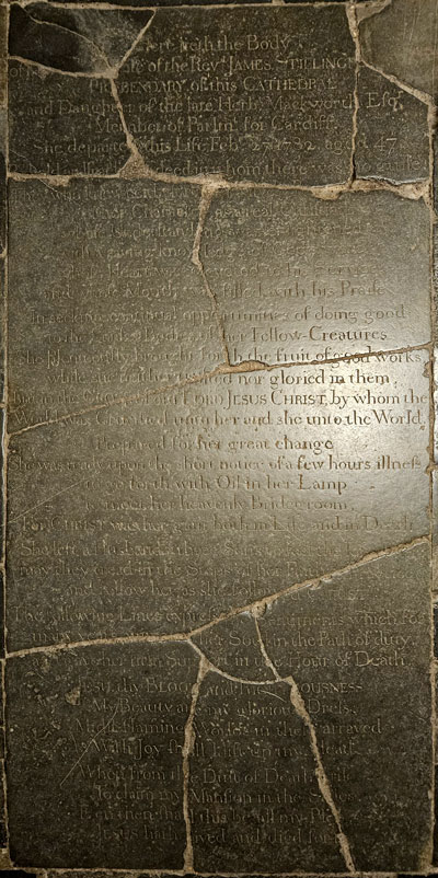 The grave marker of the Rev'd., James Stillingfleet and Katherine his wife.