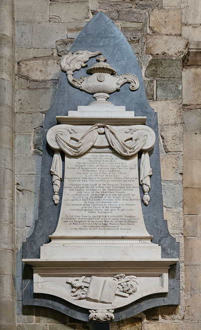 This wall monument can be found in a small open area on the north-west side of Worcester Cathedral.