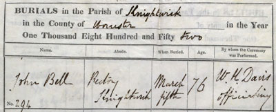 John Bell - Burial 5th March, 1852 - age 76 - by W. H. Davis