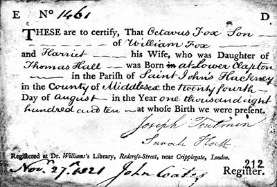 Birth Registartion of Octavus Fox 