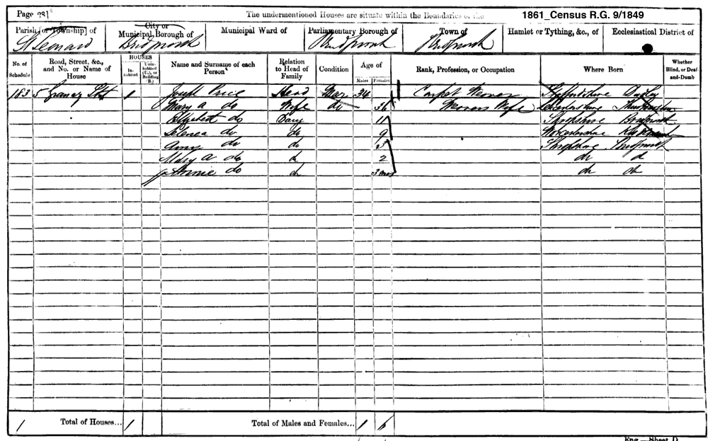 1861 Census - Selina Price  R.G. 9/2077