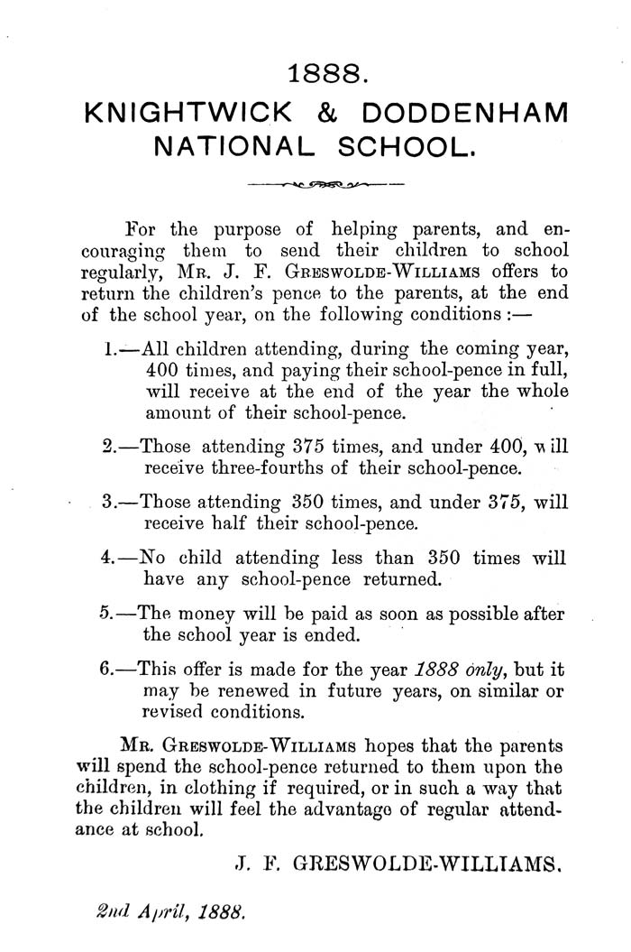 1888 notice encouraging children to go to school. From Mr. Greswolde_Williams.