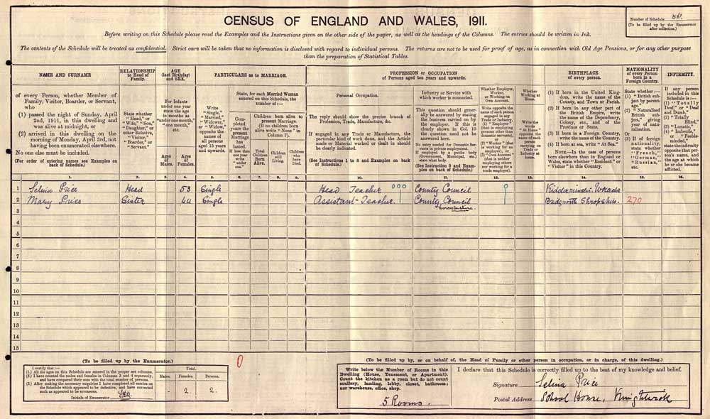 1911 Census - Selina Price  R.G. 12/2323
