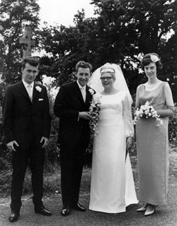 Gunvald and Josephine (Holland) Stenersen,  after their wedding. With Gunvald's brother,  Bjørn Egil Stenersen (Best Man) and Geraldine  Margaret Chaplin (Bridesmaid).