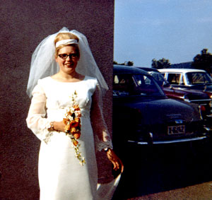The newly married Josephine Stenersen, outside Whitbourne Village Hall, Herefordshire.
